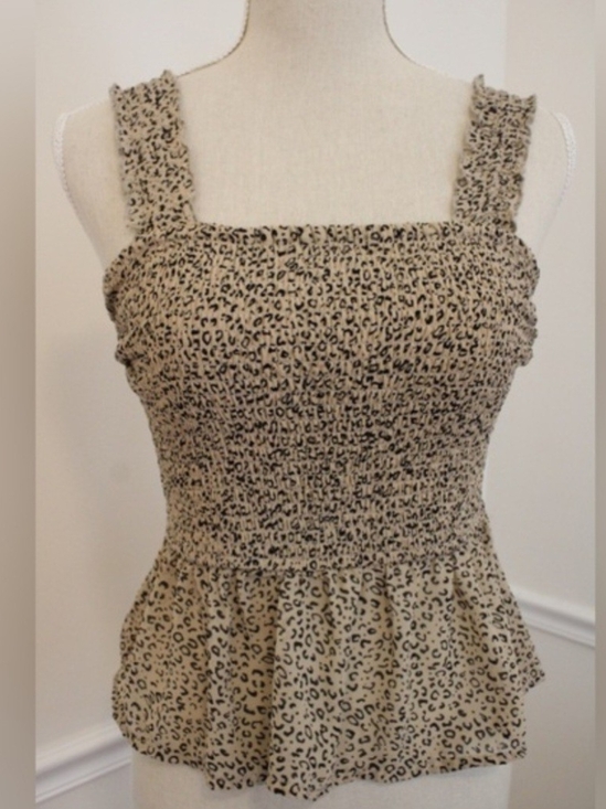 Tops - Smocked Leopard Print Tank Top - Beige